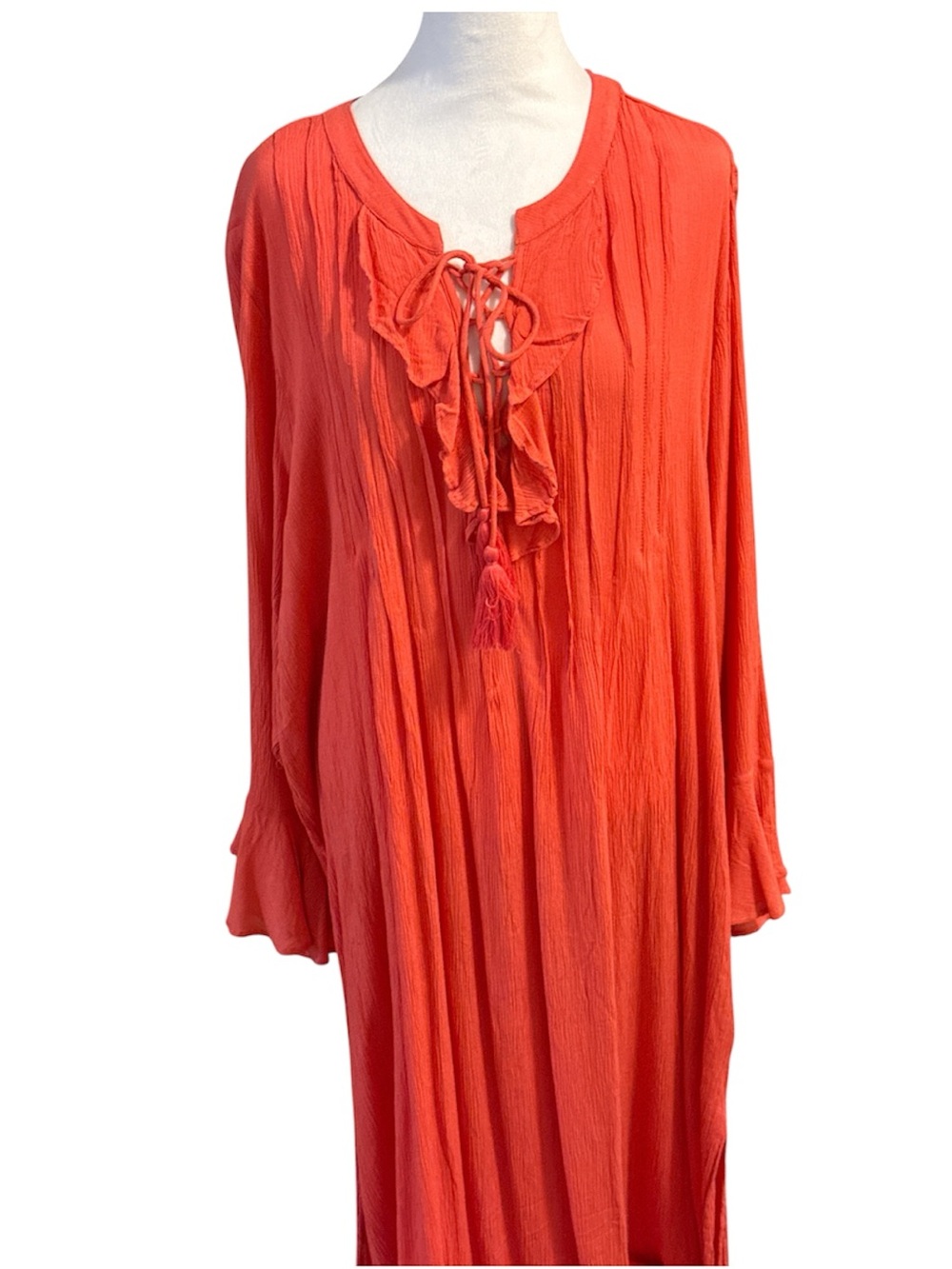 Roaman's Coral Lace-Up Hand- Crinkled Tunic Dress